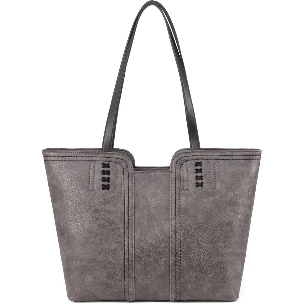 〽️Women's Dusty Gray Leather Classic Top Handle Zipper Pockets Casual Tote Bag